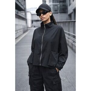 Jason Black Stretch Funnel Neck Zip Jacket Size M Oversized Minimalist Lagenlook